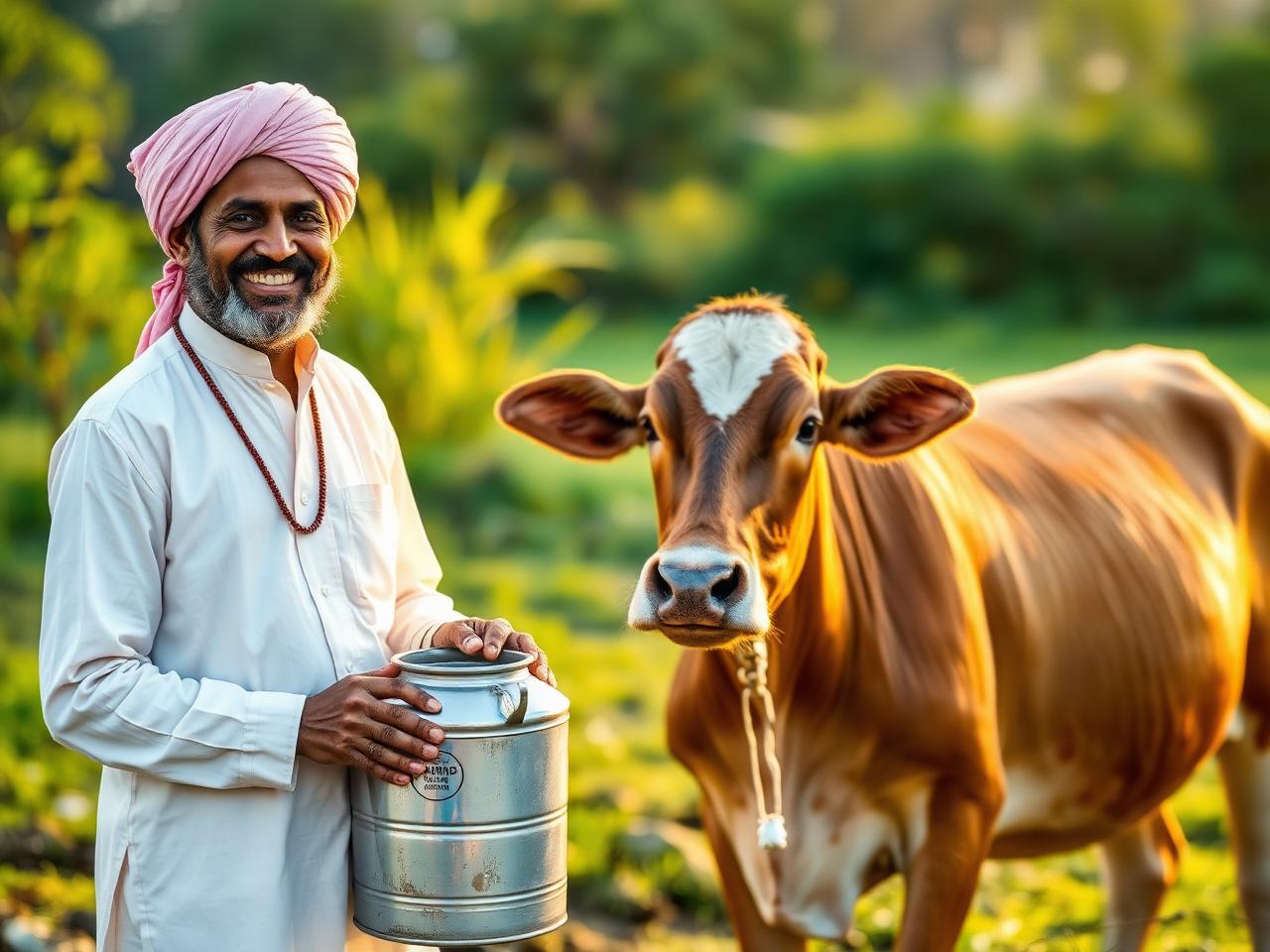 Smiling Indian farmer with his cow at sunrise