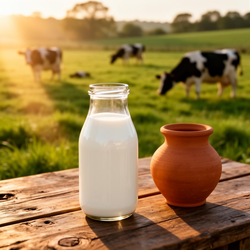 Glass bottle of farm-fresh milk on a wooden table at sunrise